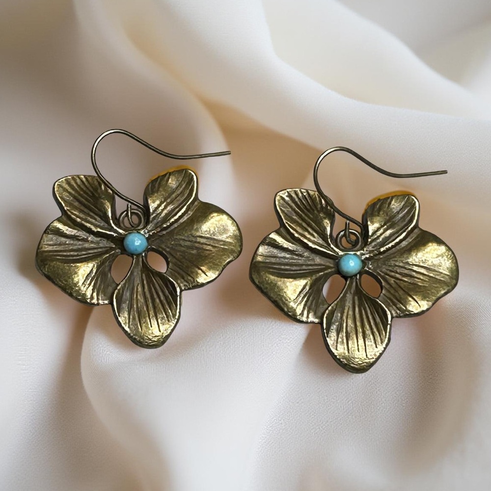 Turquoise Boho Brass Flower Earrings Antique Bronze Floral Dangle Vintage Style - Picture 7 of 7